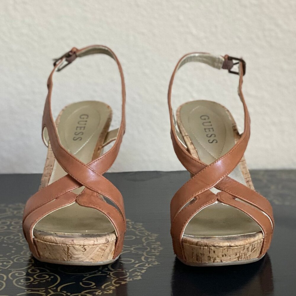 Guess Tan Leather Strappy Wedge Sandals with Cork Heel, size 8